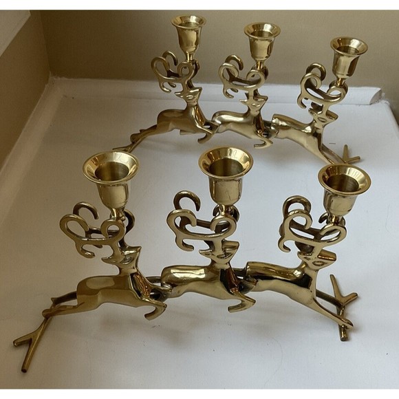 Polished Brass Reindeer 3 Pillar Candleholder Candelabra Vintage- Set Of 2 - Picture 3 of 10